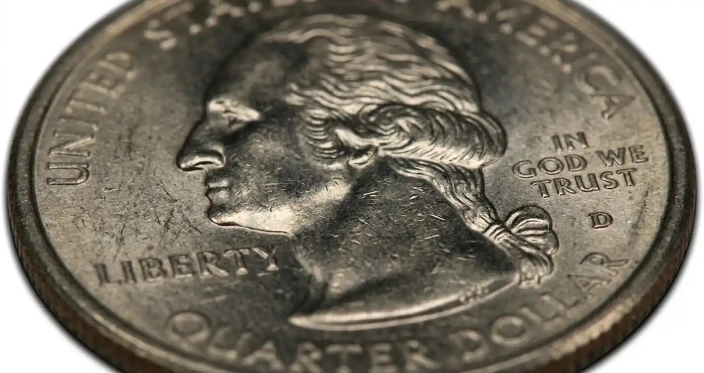 Macro close-up of 1999 quarter obverse with visible mint mark