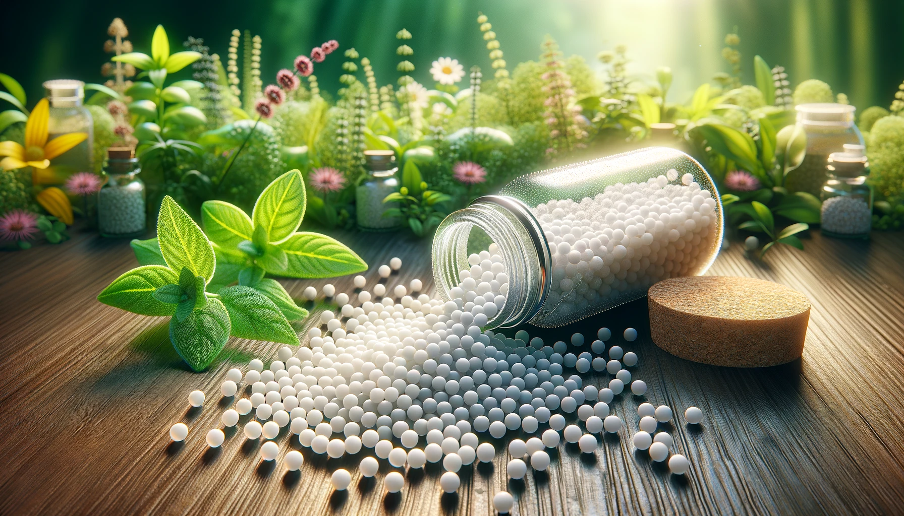 homeopathy pharmacy setting, featuring homeopathic globules spilling out from a small bottle onto a wood table.