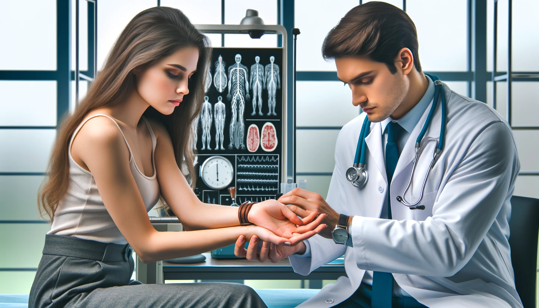 Peripheral Neuropathy with a doctor neurologist conducting a checkup on a handsome woman patient.