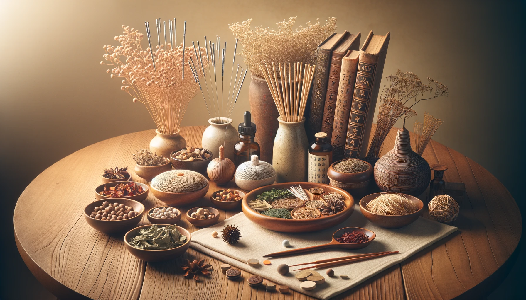 A collection of dried herbs, acupuncture needles, moxibustion sticks, and ancient Chinese medical books spread out on a natural wooden table.