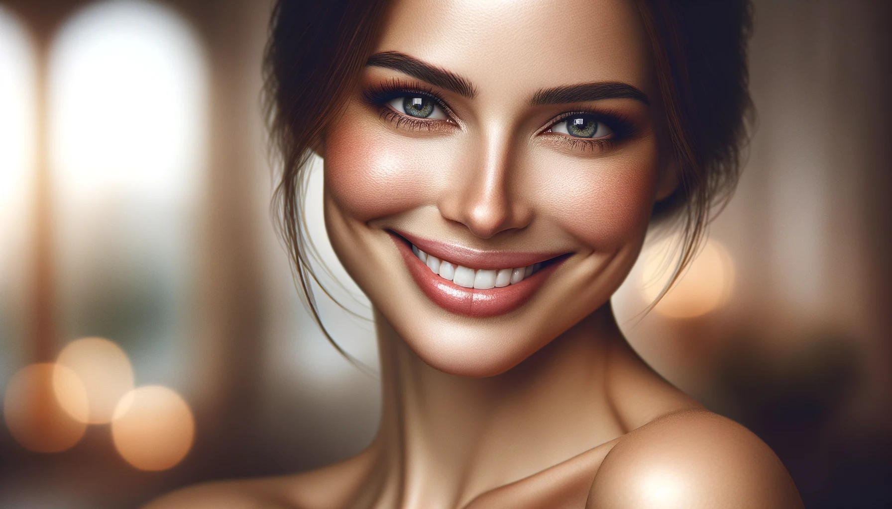 A beautiful woman after a nose job in Turkey with an enchanting smile, captured in a photo that exudes warmth and happiness.
