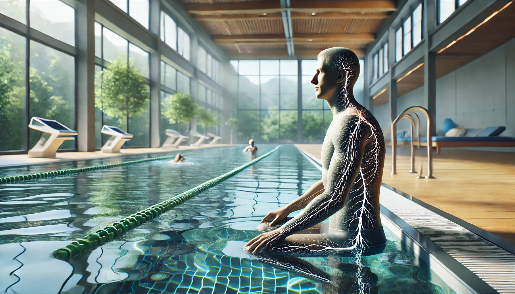:a person with neuropathy participating in a swimming exercise session in a calm indoor pool.