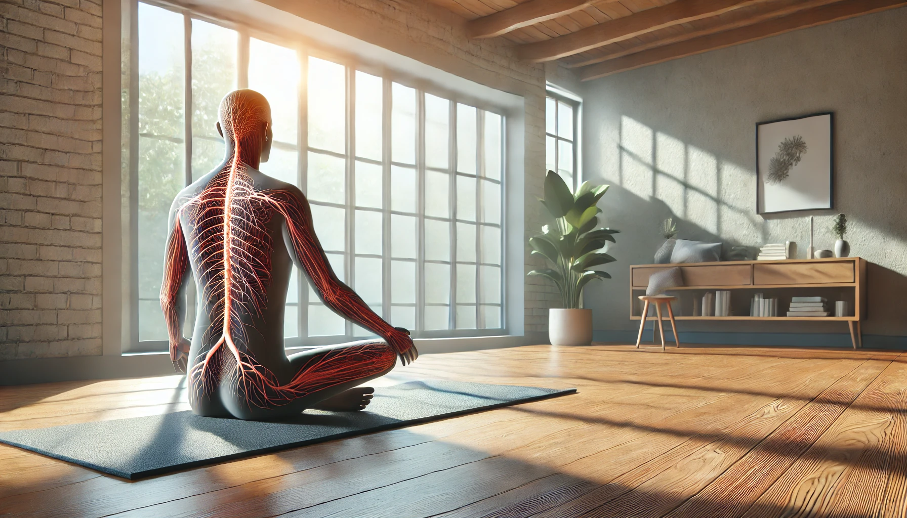 an individual with neuropathy engaging in a light yoga session indoors. 