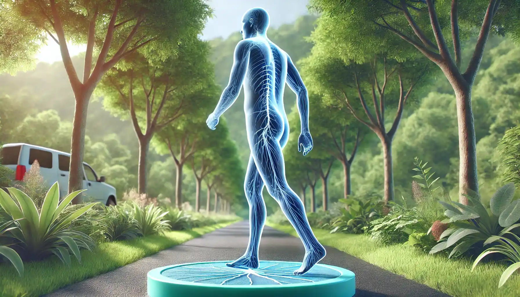 a person with neuropathy performing a low-impact exercise in a serene outdoor setting.