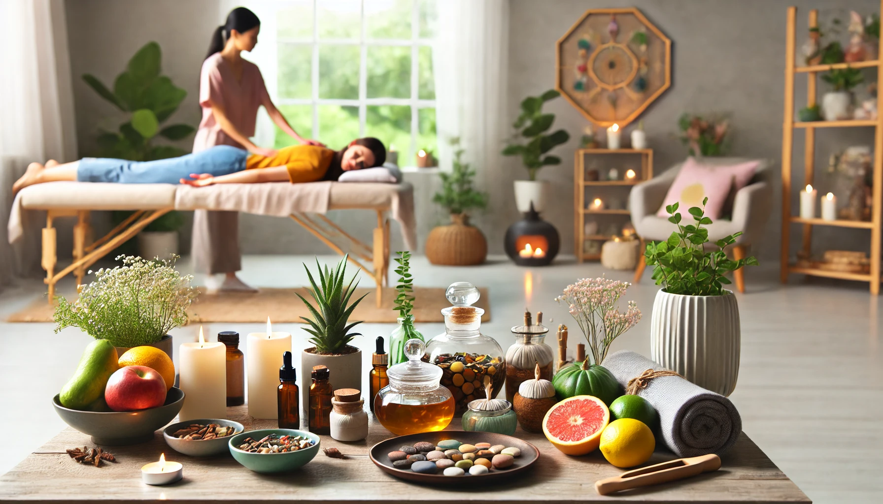 A holistic healing scene with a variety of natural remedies and elements. The scene includes herbal teas, essential oils, fresh fruits and vegetables, yoga mats, and calming decor such as candles and soft lighting.