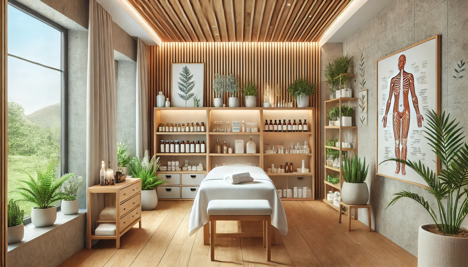a modern, serene treatment room in a holistic healthcare clinic.
