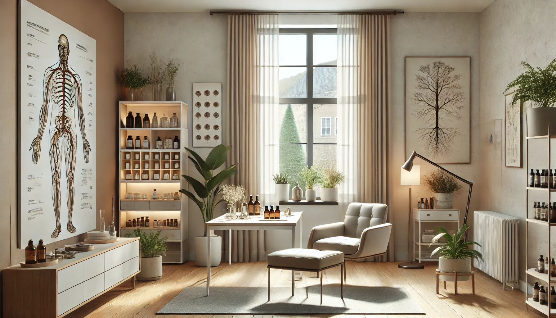 a modern wellness clinic specializing in holistic care for nerve health. The room is well-lit with natural light pouring in through large windows, featuring soft earthy tones, indoor plants, and a minimalist design.