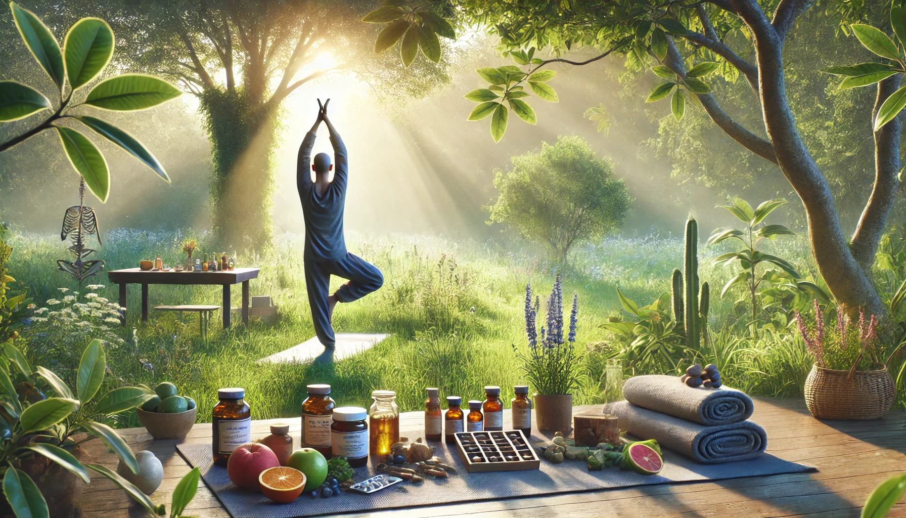 a person practicing yoga in a tranquil outdoor setting, symbolizing holistic health and well-being.