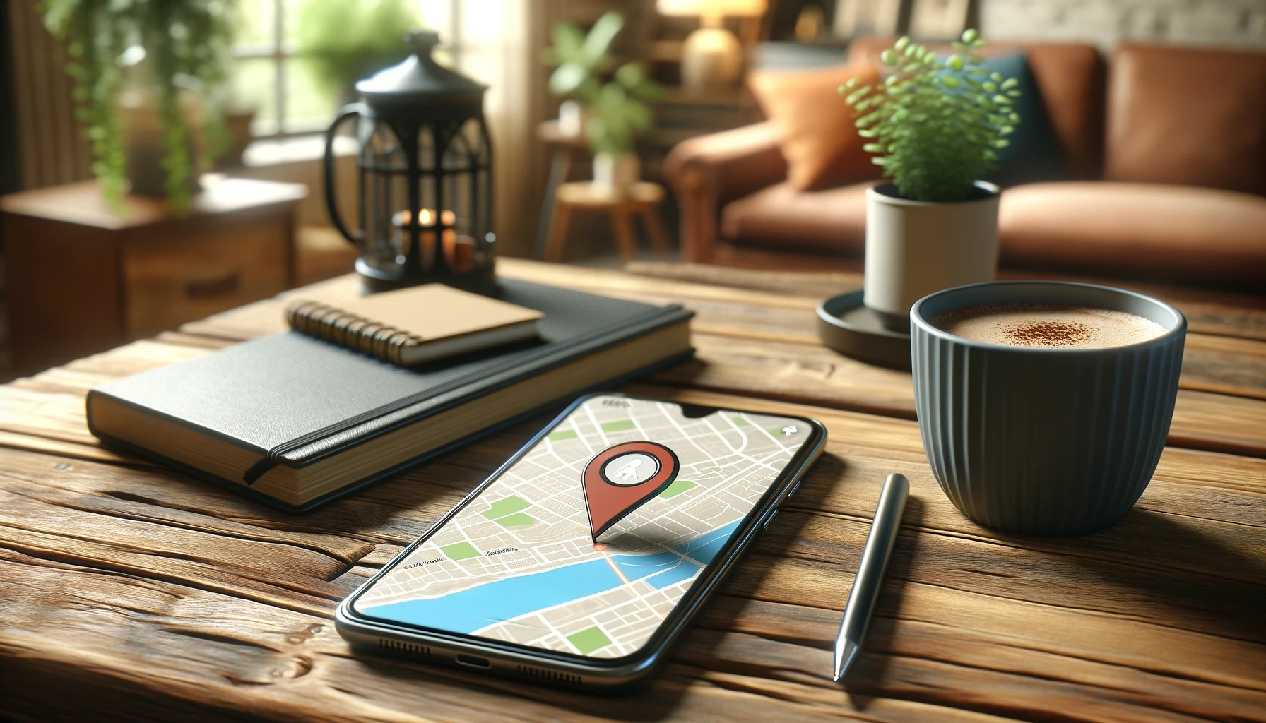 a smartphone on a wooden table displaying a location tracking app with a map and a marker.