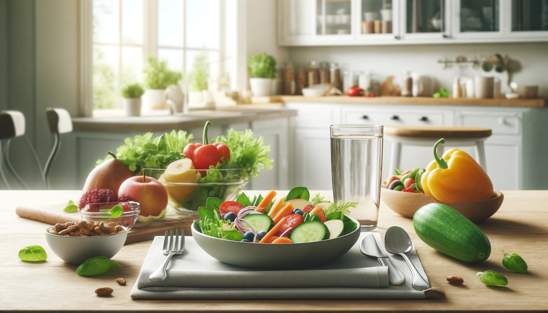 a healthy meal setup.The table includes a colorful salad with a variety of fresh vegetables, a bowl of mixed fruits, a glass of water, and a small dish of nuts.