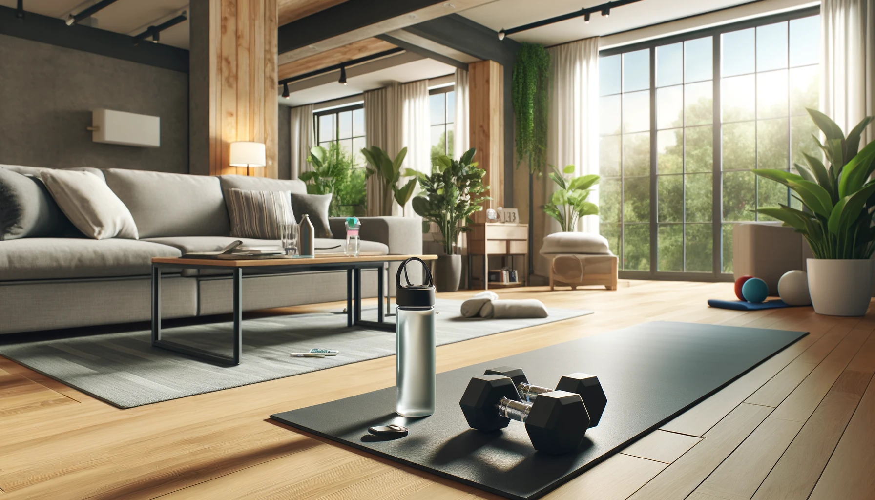 A home workout setup. The room includes a yoga mat, dumbbells, a water bottle, and a fitness tracker on the floor.