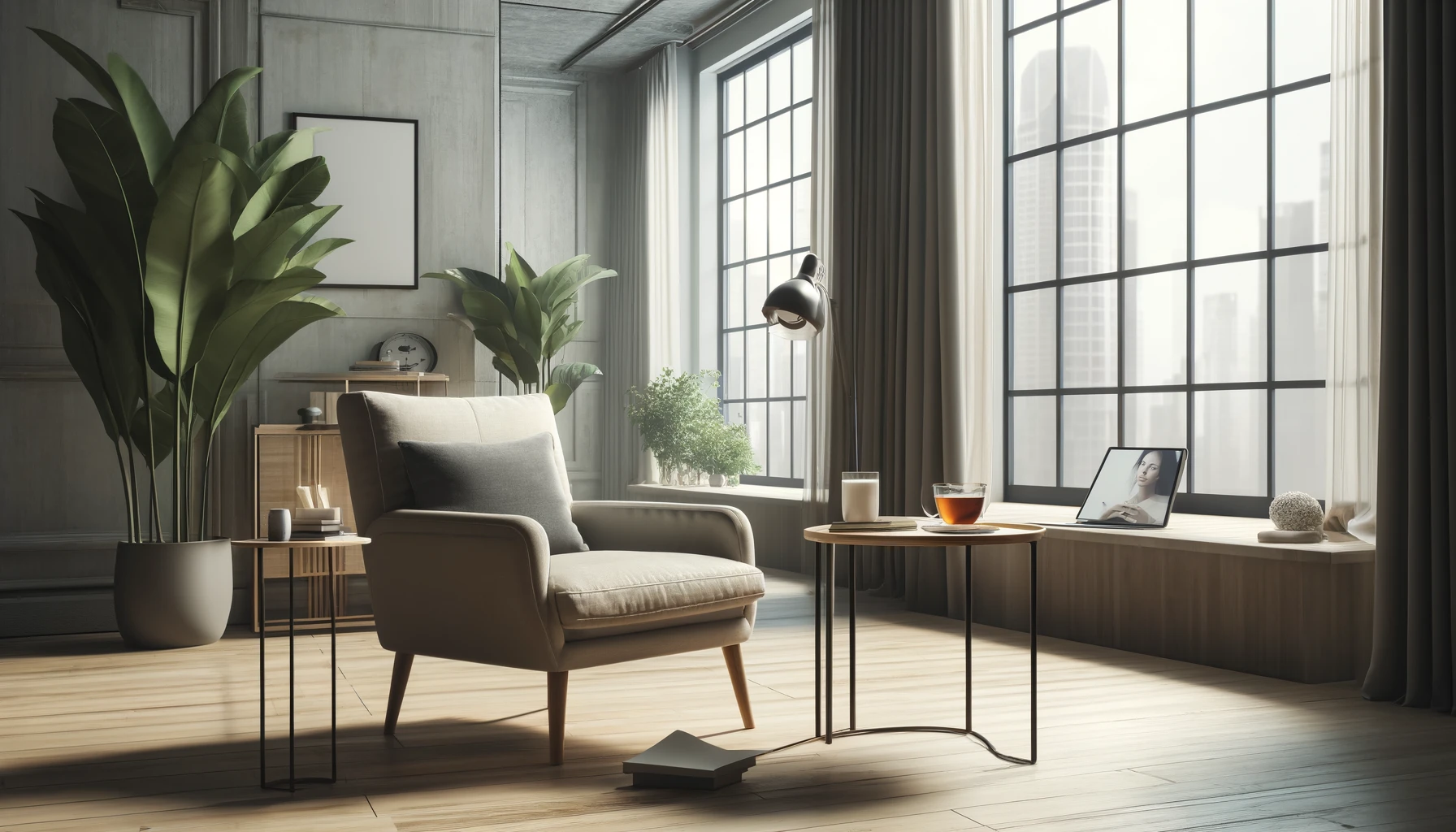 a serene living room designed for work-life balance.