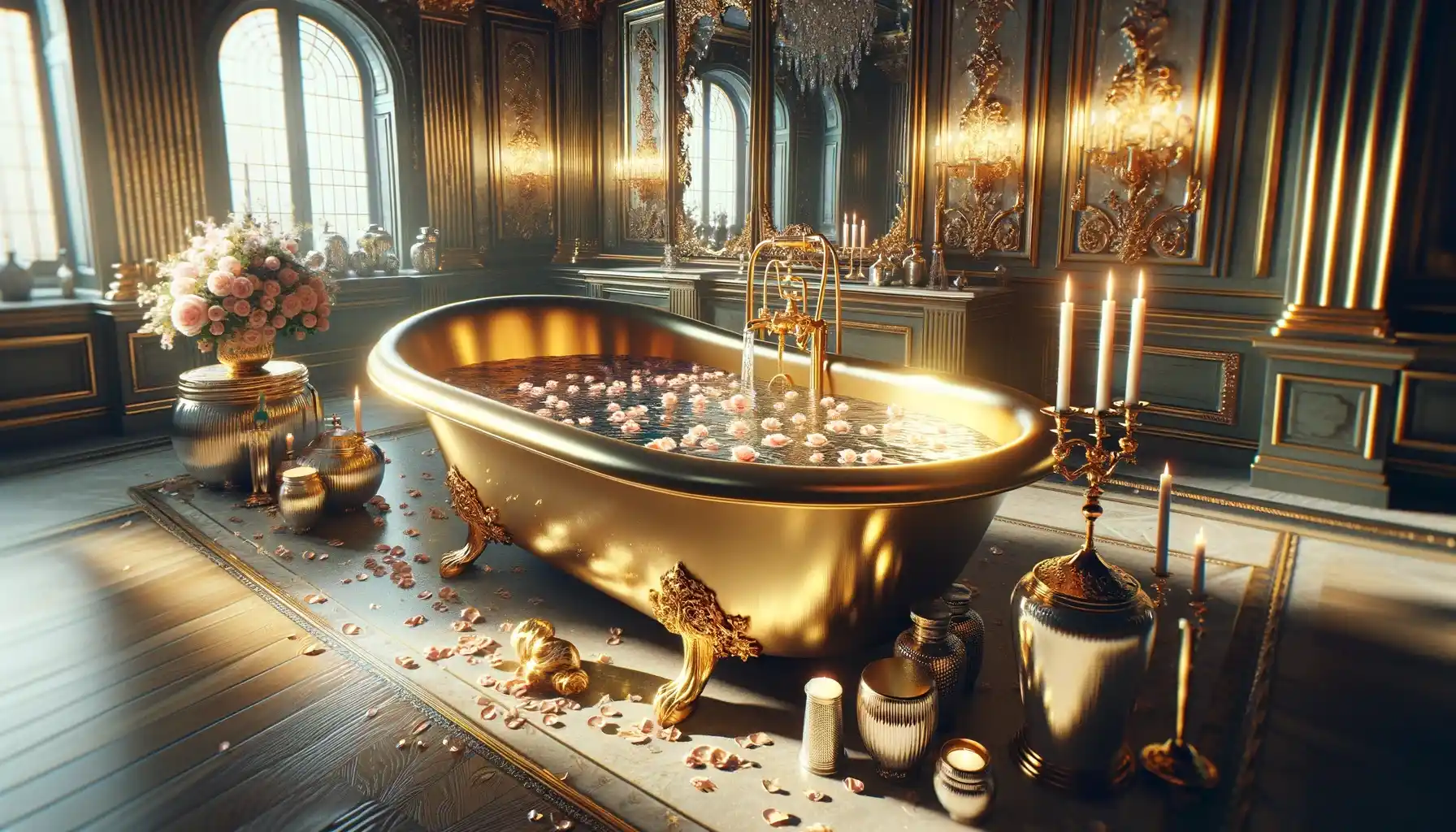 A luxurious royal-inspired bath, featuring a large bathtub from gold filled with water infused with floating petals and shimmering gold flakes.