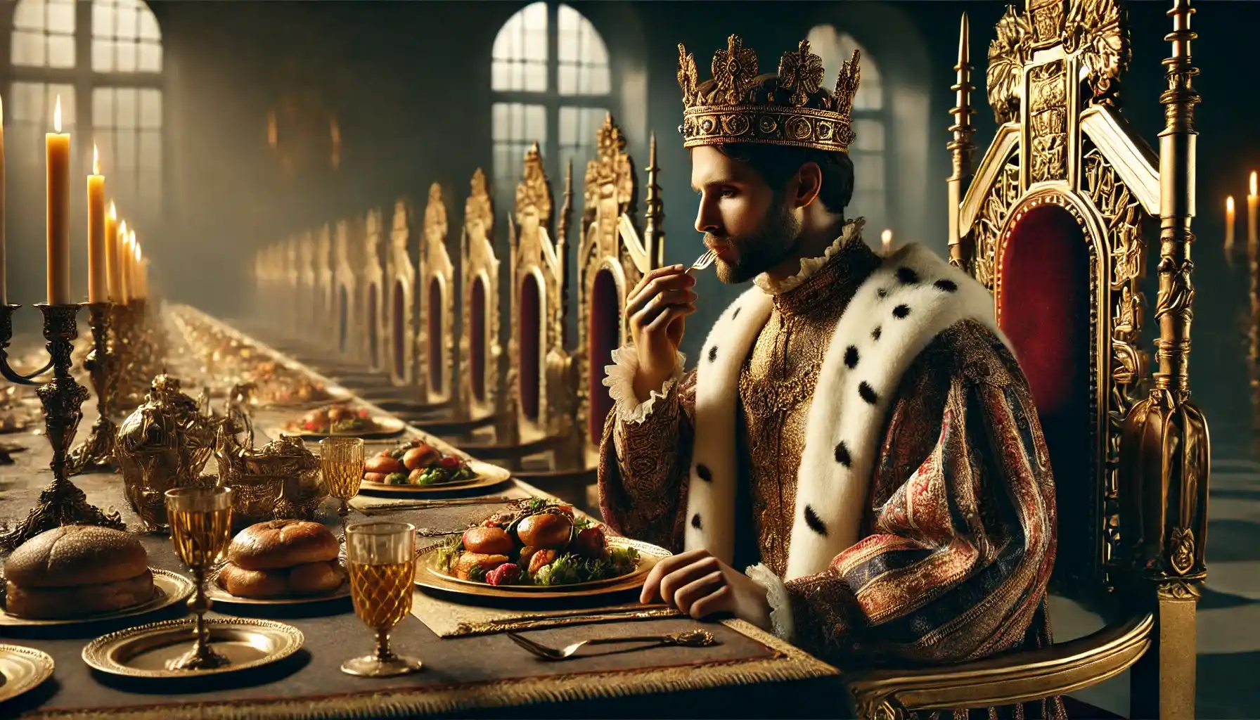 A regal king is eating very slowly, savoring each bite with a thoughtful expression, seated at a grand banquet table in a dimly lit royal dining hall.